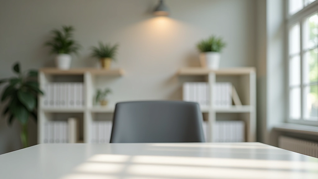 Escritório bem organizado com background profissional, plantas e decoração neutra atrás da câmara