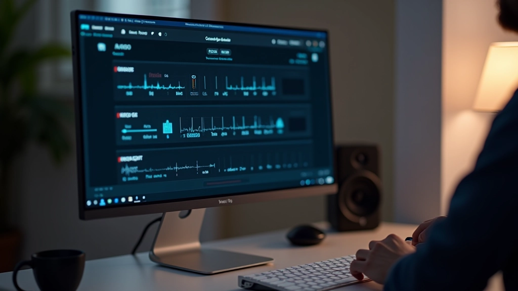 Interface de software de áudio mostrando níveis de volume em gráfico visual