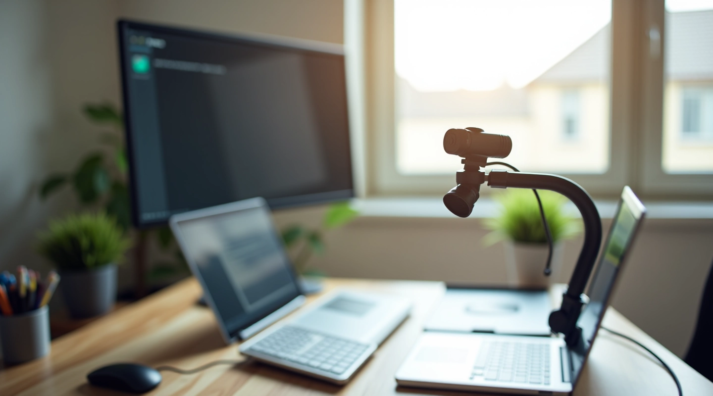Espaço de trabalho moderno com webcam e microfone profissionais configurados