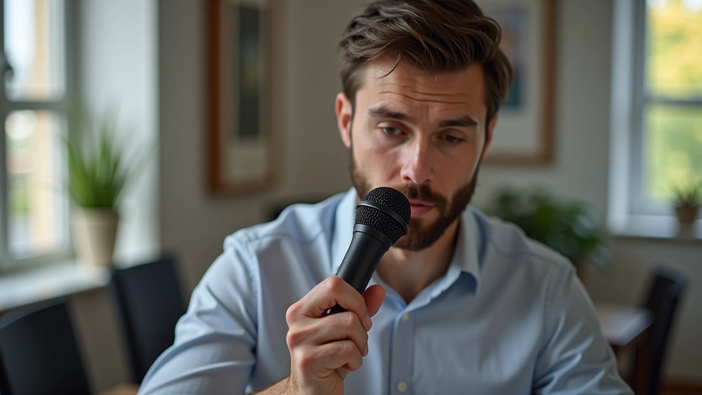Utilizador a ajustar microfone próximo do rosto com posicionamento correto, ambiente de escritório bem iluminado