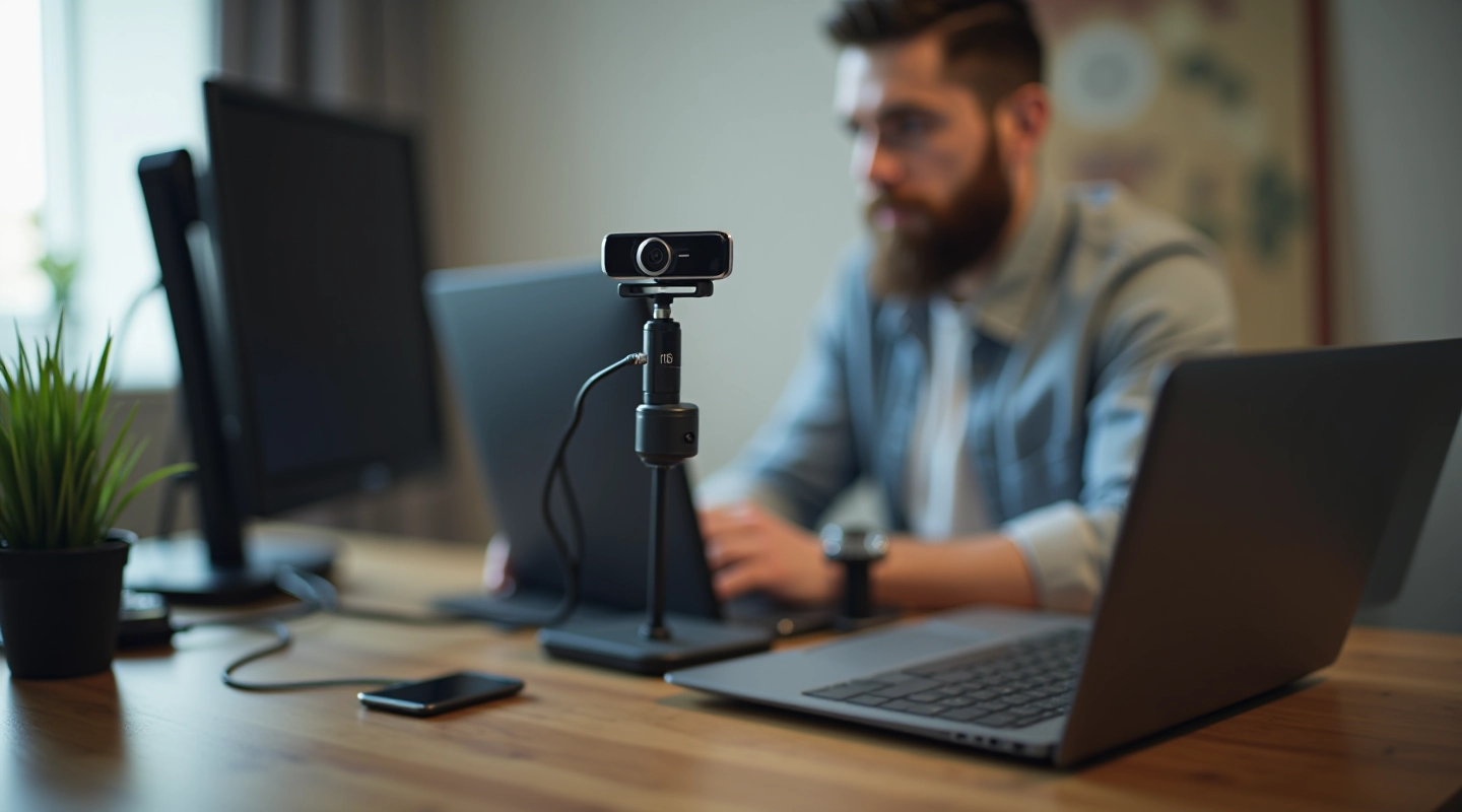 Computador portátil em mesa de trabalho com webcam conectada e microfone ajustado
