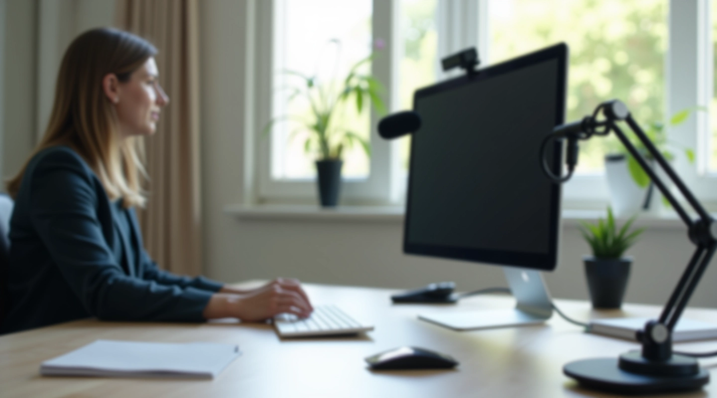 Computador portátil em ambiente profissional com webcam e microfone devidamente configurados