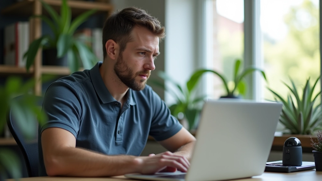 Técnico ajustando configurações de webcam num computador portátil